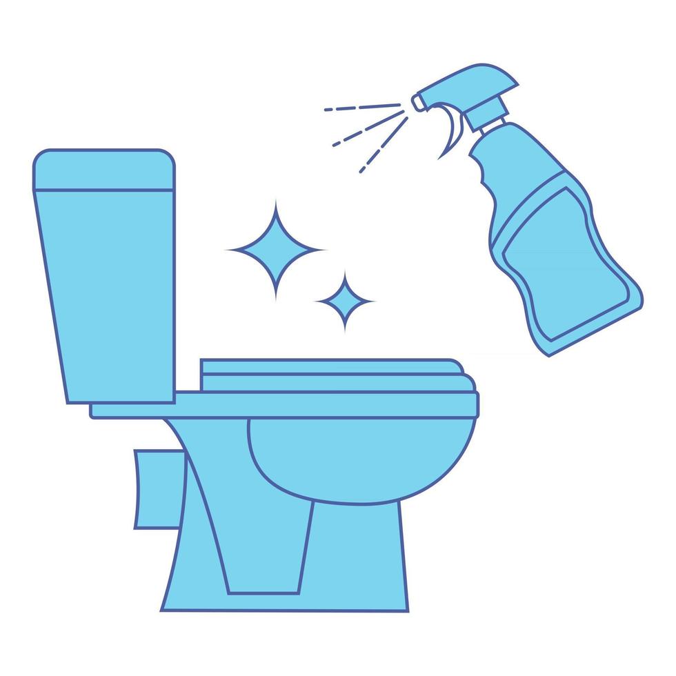 toilet schoonmaken, kleur icoon. toilet pictogram. wc, badkamer toilet in blauwe kleur. toilet schoonmaak teken. fles met desinfectievloeistof. vector illustratie