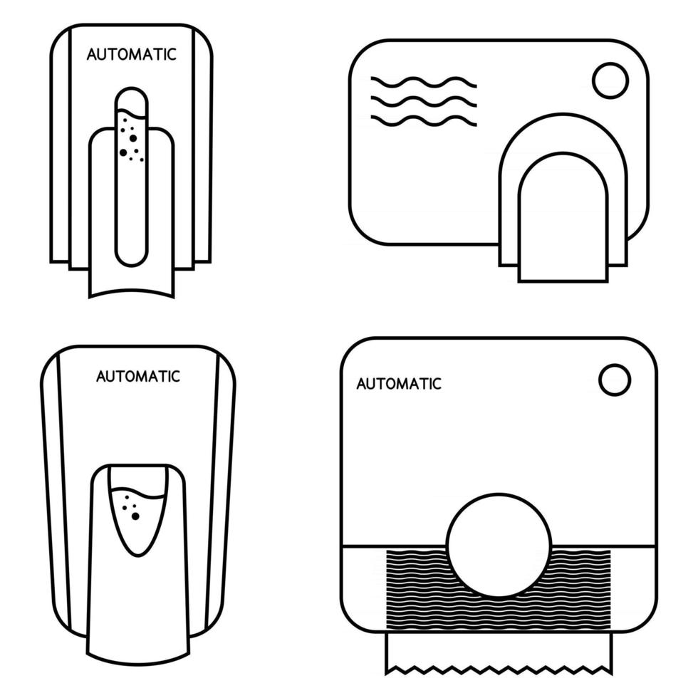 geautomatiseerde contactloze toiletapparatuur met sensoren. dispenser voor papieren handdoekjes. wandgemonteerde automatische zeepdispenser, handdroger met sensor. handen veilig drogen. bewerkbare streek. vector