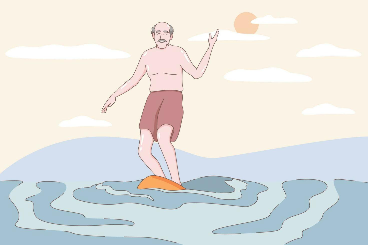 ouderen beoefenen surfen bord, grootouders aan het doen opdrachten, sport, ochtend- opdrachten, tekenfilm vector illustratie.