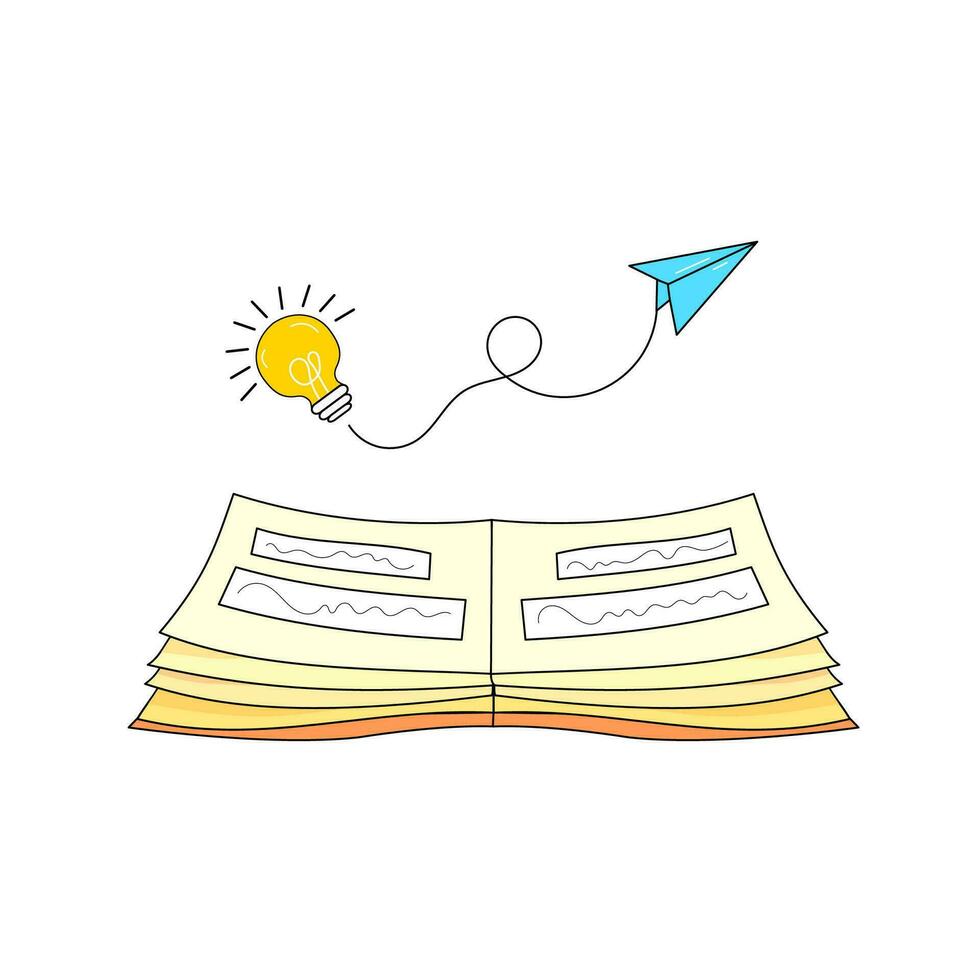 Open boek met licht lamp en vliegtuig bovenstaande. krijgen idee en worden succes in de toekomst door aan het leren concept. vector illustratie.