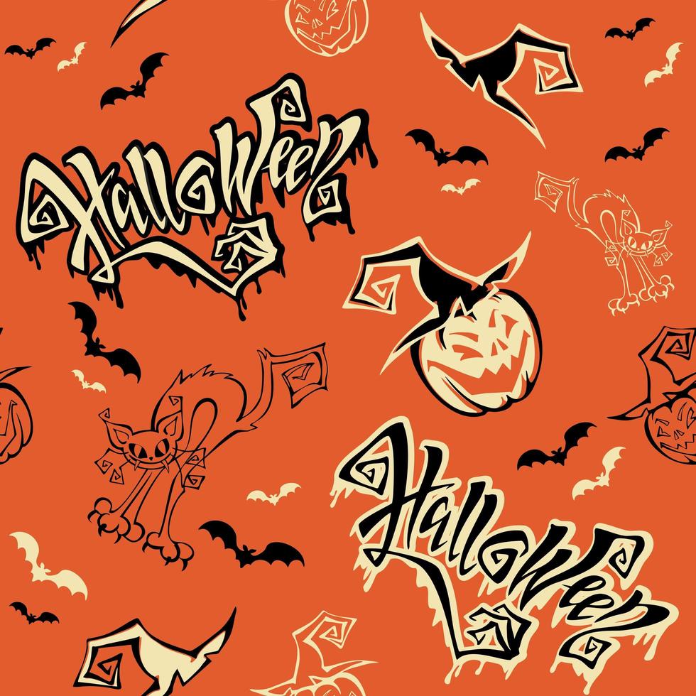 naadloos patroon. halloween. belettering. grappige cartoon pompoen monster in heks hoed. knuppel. katten monster. oranje achtergrond.vector. vector