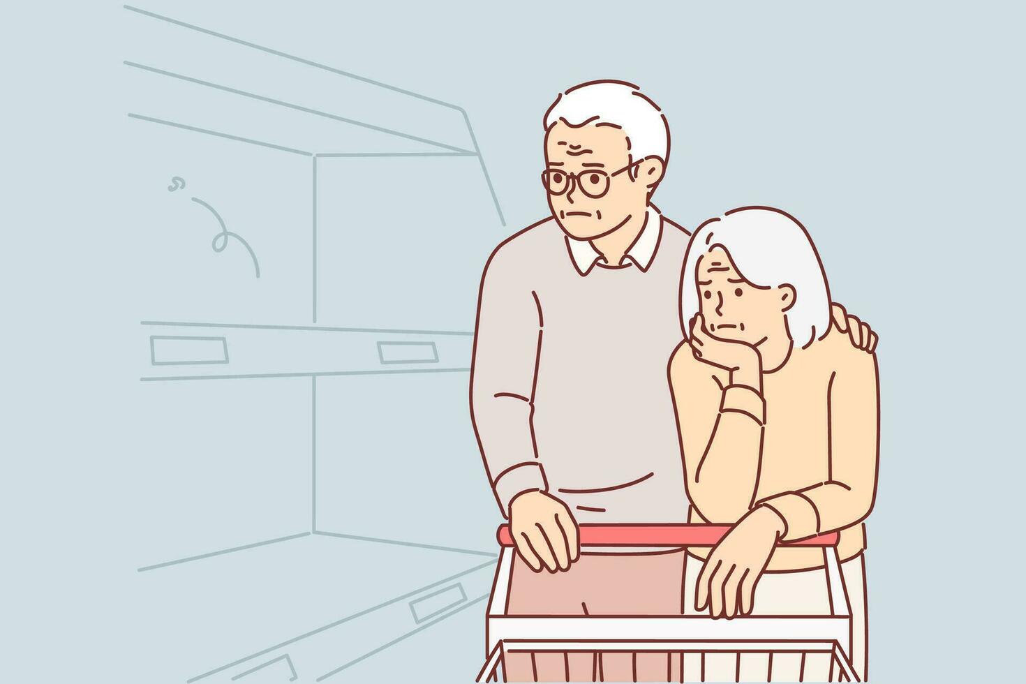 ouderen paar in supermarkt met leeg planken, staat in de buurt trolley en krijgt van streek omdat van tekort van goederen. tekort van voedsel in op te slaan ten gevolge naar logistiek problemen of boeren staking vector