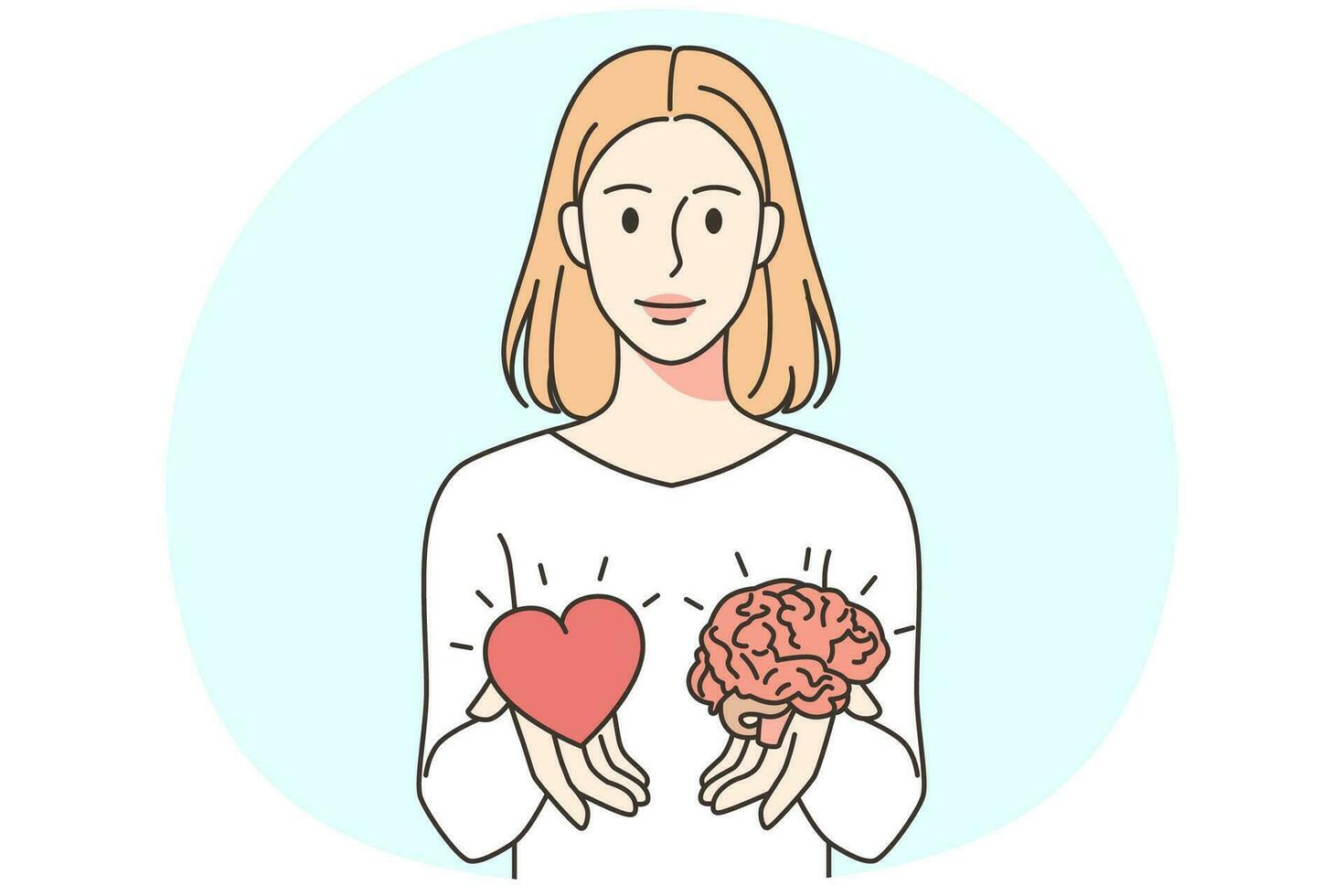 portret van vrouw Holding hart en hersenen kiezen. vrouw maken besluit tussen reden en emotie. vector illustratie.