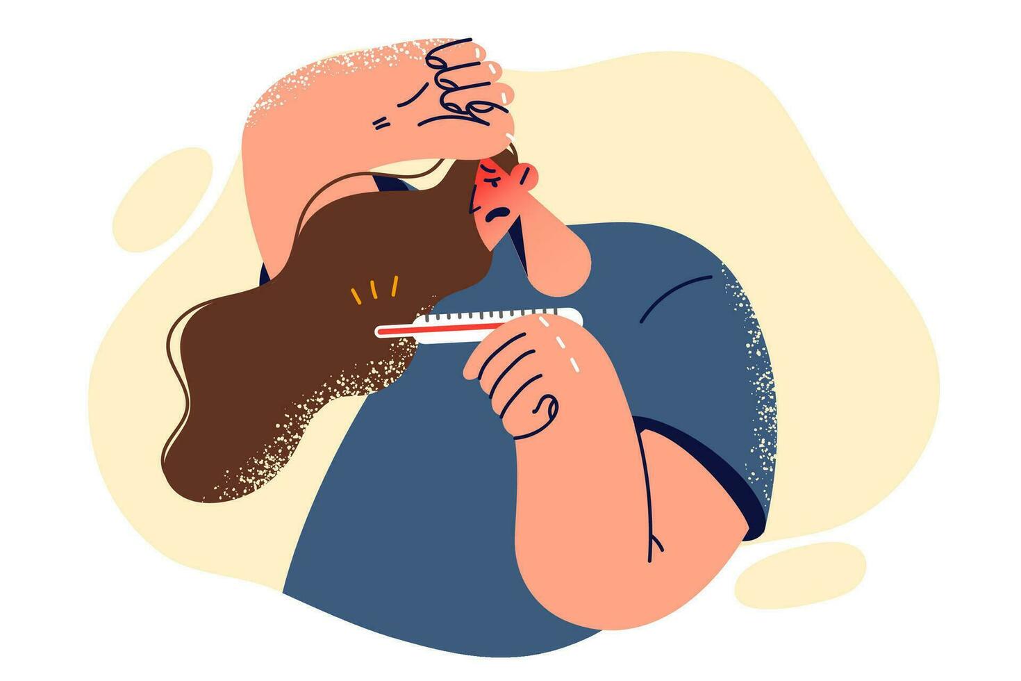 ziek vrouw met thermometer accenten voorhoofd rood geworden ten gevolge naar temperatuur en behoeften koortswerend drugs. meisje geïnfecteerde met griep virus looks Bij thermometer en krijgt bang na aan het leren resultaat vector