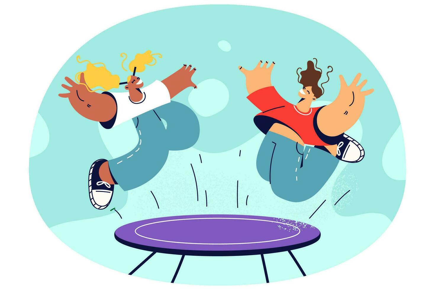 dolblij kinderen hebben pret jumping Aan trampoline buitenshuis. glimlachen kinderen genieten vrije tijd vakantie of weekend buiten. kinderjaren en recreatie. vector illustraties.