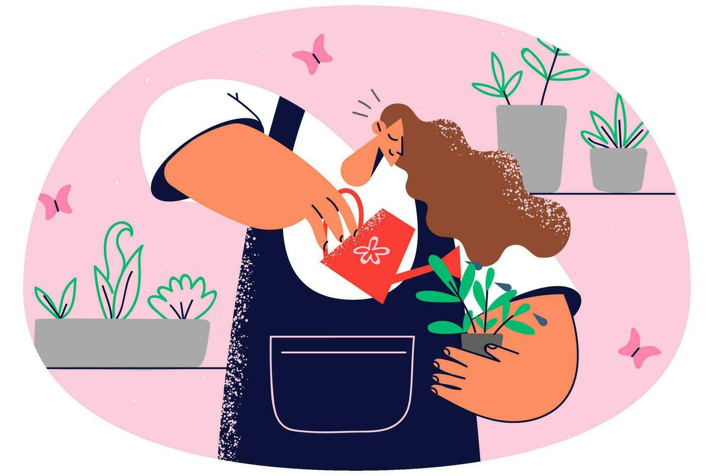 glimlachen vrouw in schort gieter bloemen en planten in serre. gelukkig vrouw nemen zorg van kamerplanten binnenshuis. hobby en tuinieren. vector illustratie.