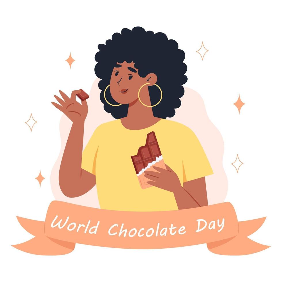 wereldchocoladedag, een jonge vrouw die een reep chocolade eet vector