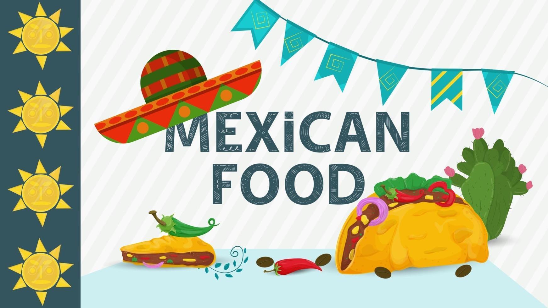 Mexicaans eten illustratie voor platte ontwerp belettering titel met hoed op sombrero en taco tortilla's met rode en groene peper vulling vector