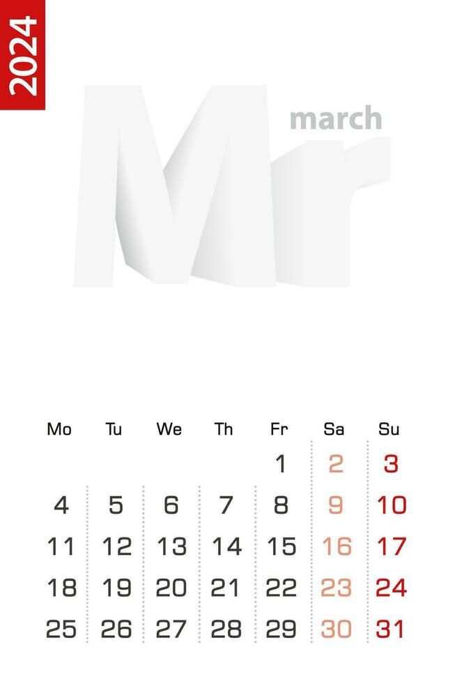 minimalistische kalender sjabloon voor maart 2024, vector kalender in engels.
