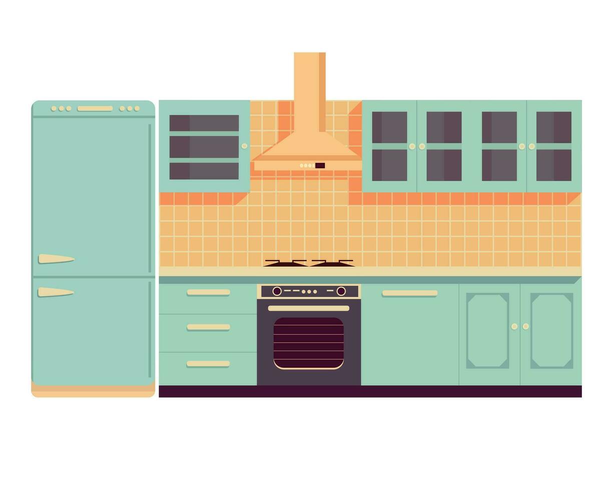 schattig keuken interieur in vlak stijl. allemaal voorwerpen zijn opnieuw geschilderd. vector