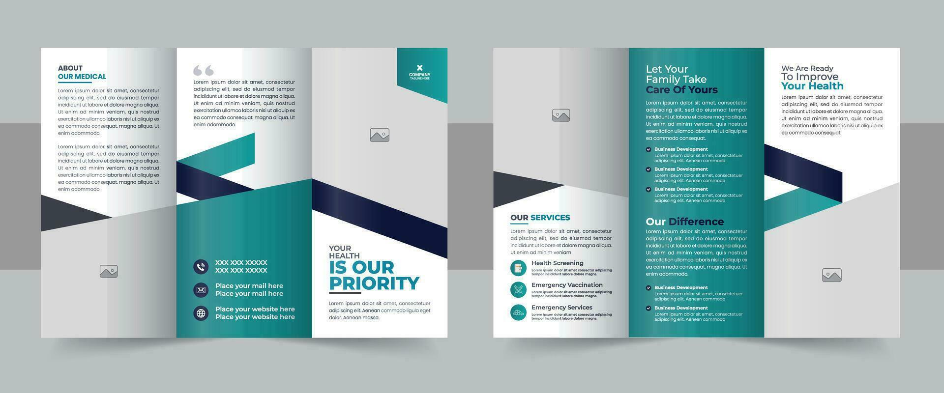 medisch kliniek drievoud brochure ontwerp lay-out, medisch en gezondheidszorg drievoud brochure sjabloon reeks vector