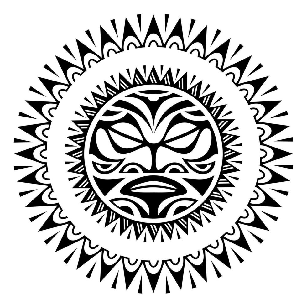 ronde tatoeëren ornament met zon gezicht Maori stijl. Afrikaanse, azteken of mayan etnisch masker. zwart en wit vector