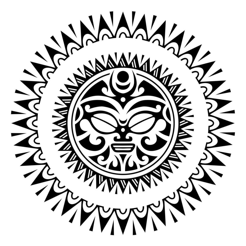 ronde tatoeëren ornament met zon gezicht Maori stijl. Afrikaanse, azteken of mayan etnisch masker. zwart en wit vector