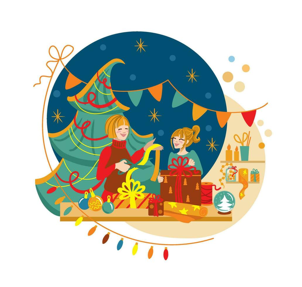 twee vriendinnetjes zijn inpakken cadeaus en krijgen klaar voor kerstmis. Kerstmis decoratie. Kerstmis geest. vector. vector