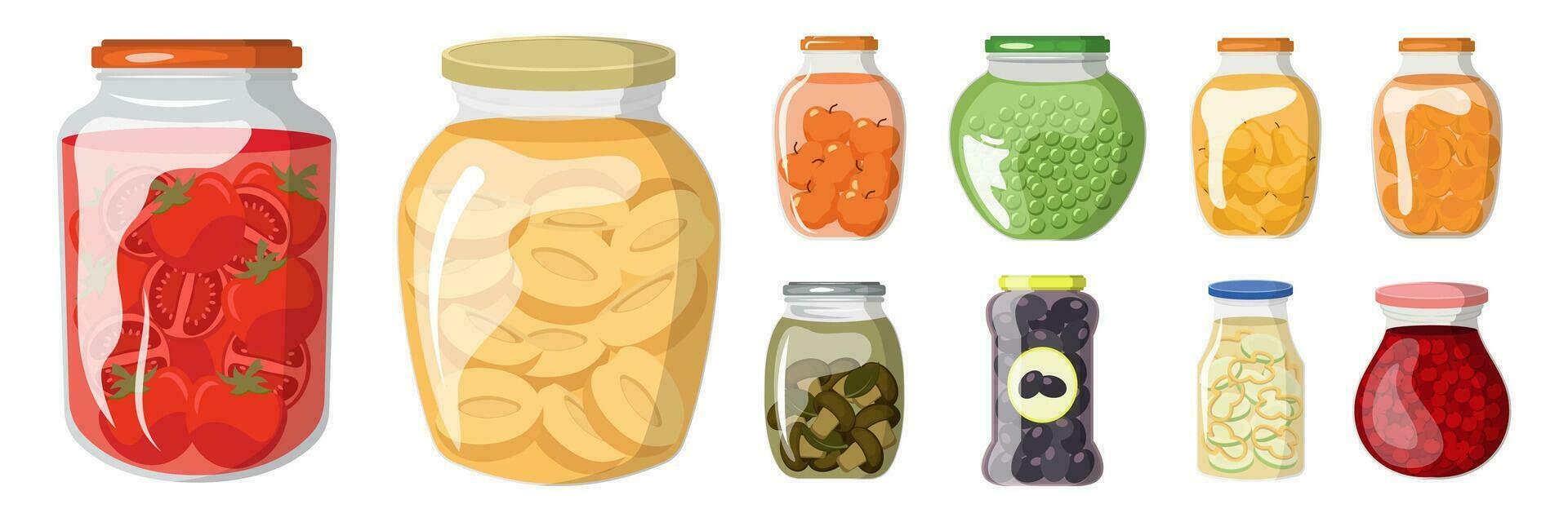 een reeks van glas compote of potten met gepekeld groenten en vruchten. tekenfilm vlak vector illustratie. vector illustratie van ingeblikt fruit en groenten, gezond maaltijd set.