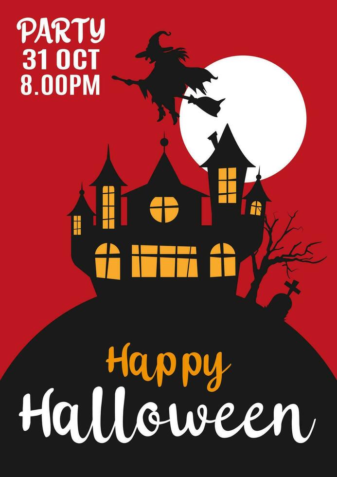 halloween partij uitnodiging met eng heks en bezem kasteel of graf, maan. gelukkig halloween vakantie. poster of web banier met geel achtergrond voor school. vector illustratie.