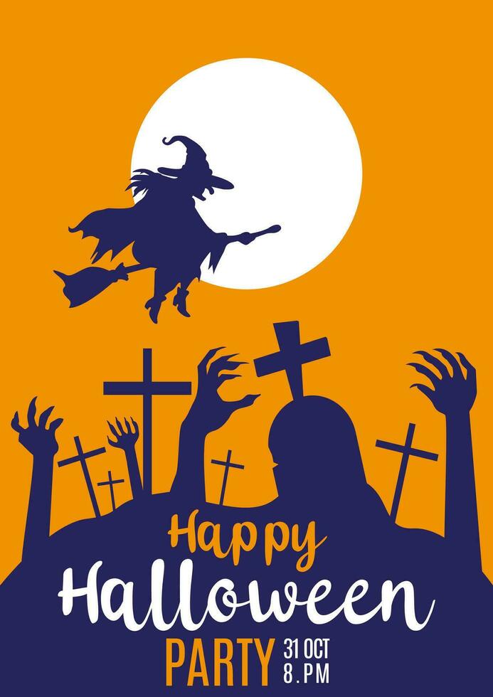 gelukkig halloween ontwerp met begraafplaats, graf, heks, zombie handen, maan, boom en knuppel eng. oranje silhouet over- geel achtergrond, vector illustratie.