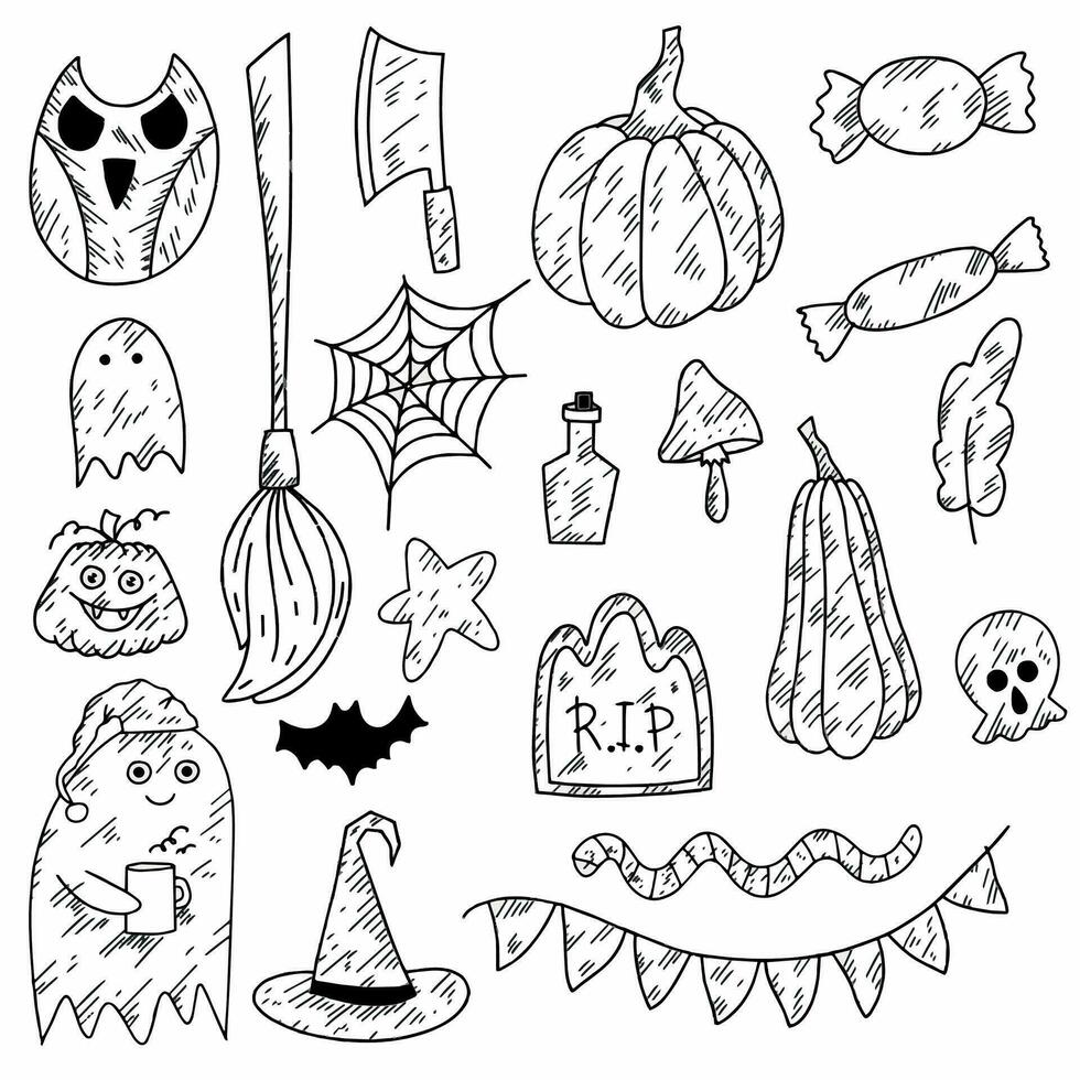 een reeks van tekening stijl halloween illustraties - uil, bezem, pompoenen, snoep, geest, dracula, graf, heks hoed, schedel vector