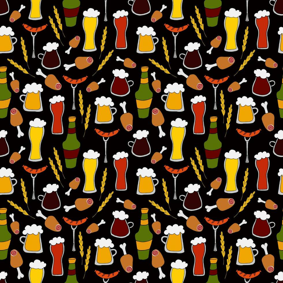 vector tekening illustratie - naadloos patroon verschillend types van bier in mokken, bril en flessen met snacks Aan zwart achtergrond. oktoberfeest bier festival. voor voor verpakking, web ontwerp, behang