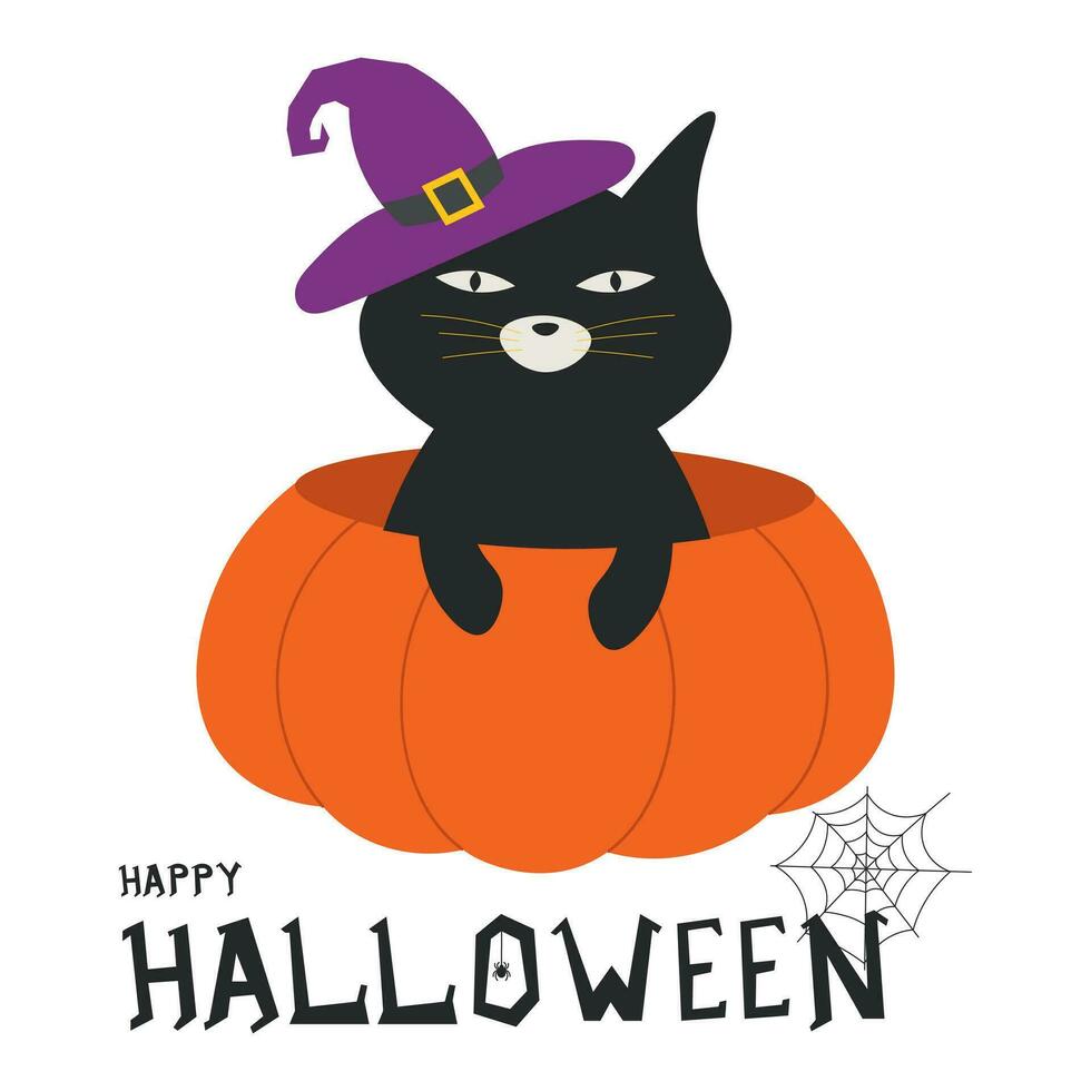 gelukkig halloween groet kaart met schattig zwart kat en spookachtig pompoen slijtage heks hoed. dier vakantie tekenfilm karakter. -vector. vector