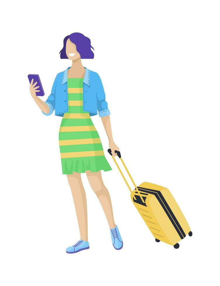 reizen en toerisme concept. een vrouw met een smartphone en een koffer is wandelen. tekenfilm vector illustratie