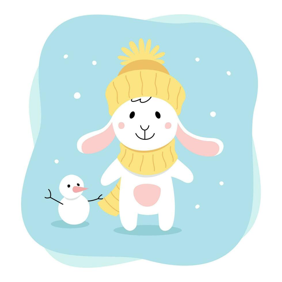 schattig konijn. konijn is staand buiten in winter, het is sneeuwen. knus tekenfilm vlak illustratie geïsoleerd Aan wit achtergrond vector