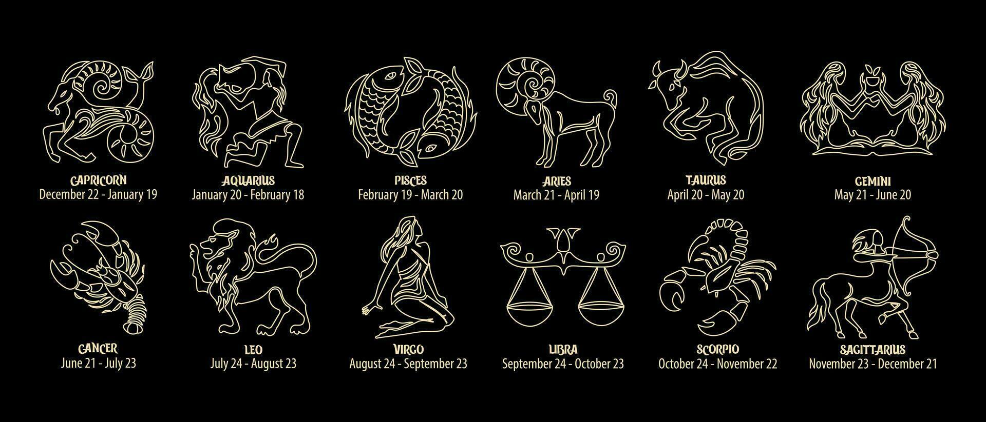 dierenriem tekens, astrologisch horoscoop tekens. goud en zwart ontwerp. pictogrammen, vector