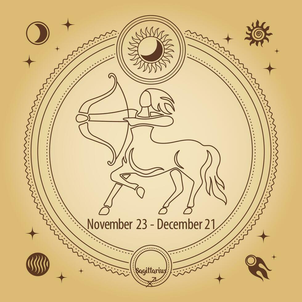 dierenriem teken boogschutter, astrologisch horoscoop teken. schets tekening in een decoratief cirkel met mystiek sterrenkundig symbolen. vector