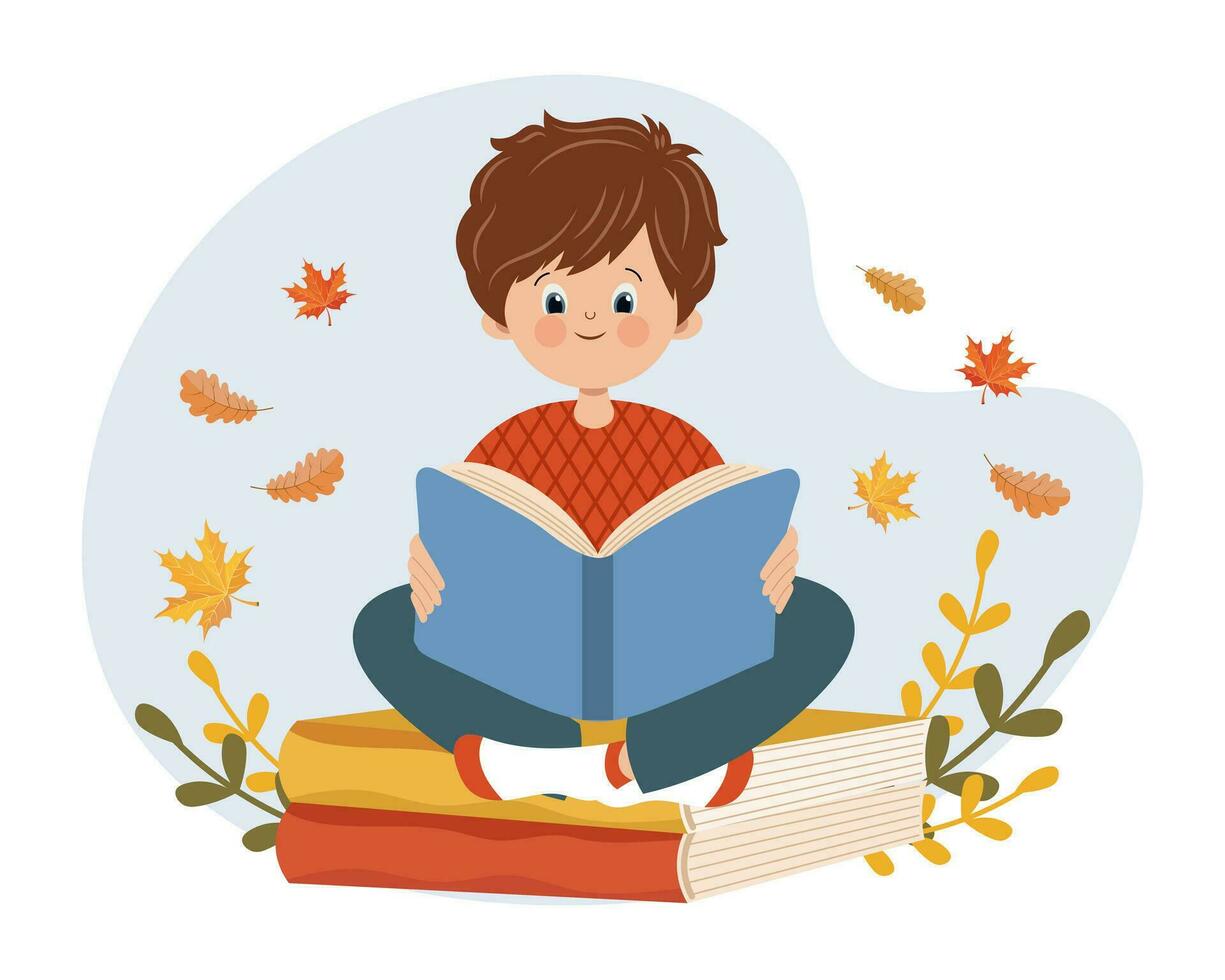 een schattig jongen met een boek zit Aan boeken en dromen. tekenfilm herfst illustratie, kinderen afdrukken, vector