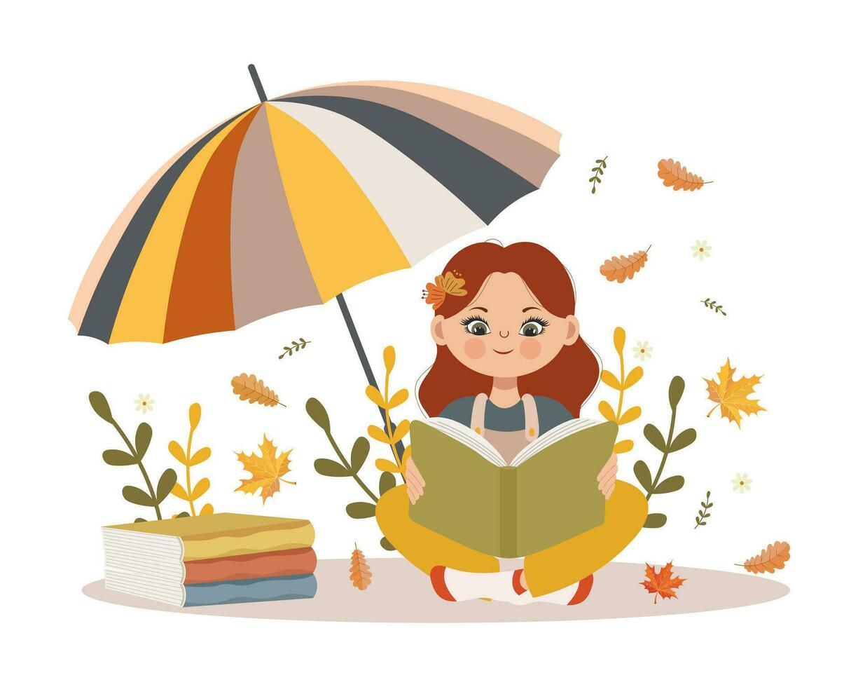 een schattig weinig meisje leest een boek onder een paraplu tegen de backdrop van herfst bladeren. tekenfilm stijl. herfst school- afdrukken, vector