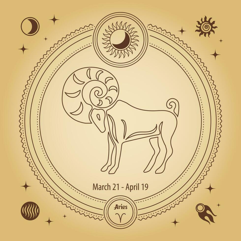 Ram dierenriem teken, astrologisch horoscoop teken. schets tekening in een decoratief cirkel met mystiek sterrenkundig symbolen. vector