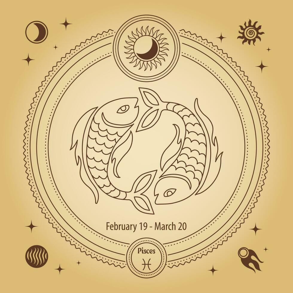 vissen dierenriem teken, astrologisch horoscoop teken. schets tekening in een decoratief cirkel met mystiek sterrenkundig symbolen. vector