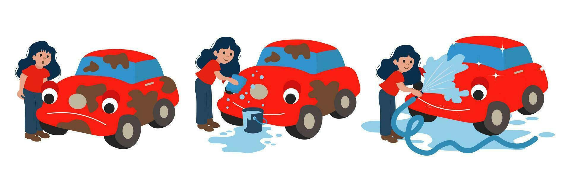 auto wassen, illustratie set. de vrouw is het wassen de auto. tekenfilm illustratie, vector