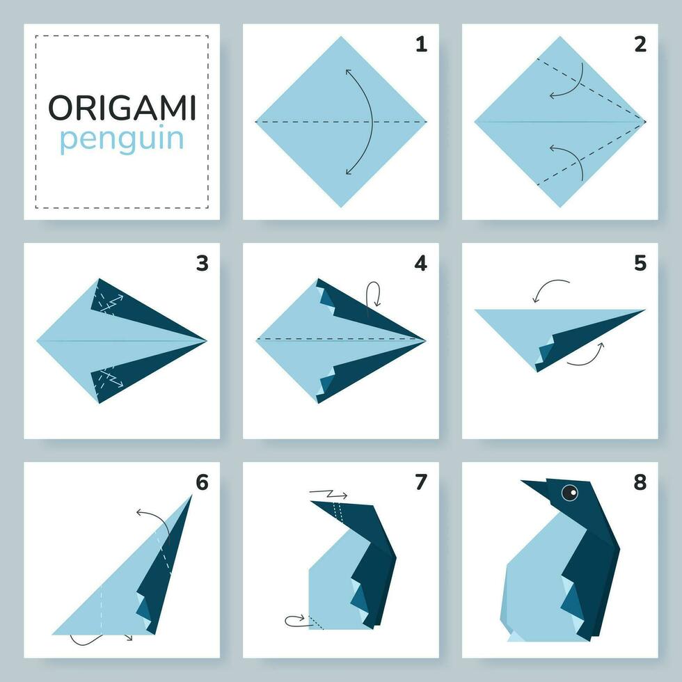 pinguïn origami regeling zelfstudie in beweging model. origami voor kinderen. stap door stap hoe naar maken een schattig origami pinguïn. vector illustratie.