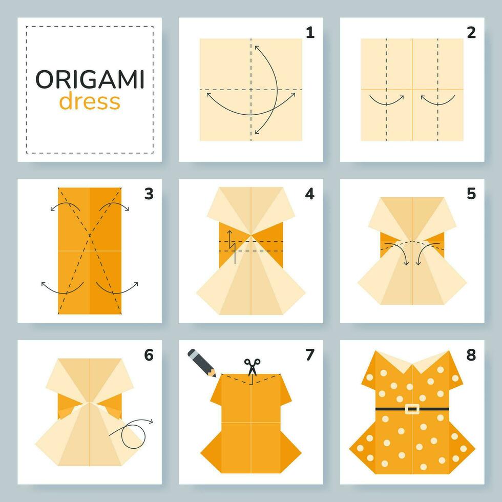 jurk origami regeling zelfstudie in beweging model. origami voor kinderen. stap door stap hoe naar maken een schattig origami kleding voor Dames. vector illustratie.