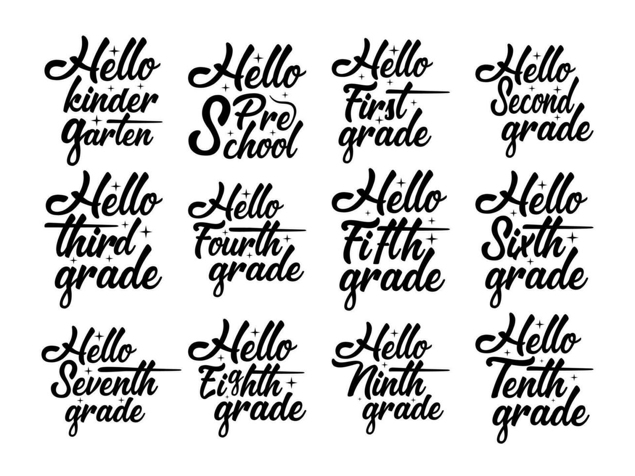 Hallo eerste naar tiende rang terug naar school- hand- getrokken wijnoogst typografie t shirt, citaat afdrukken, muur kunst decoratie vector ontwerp