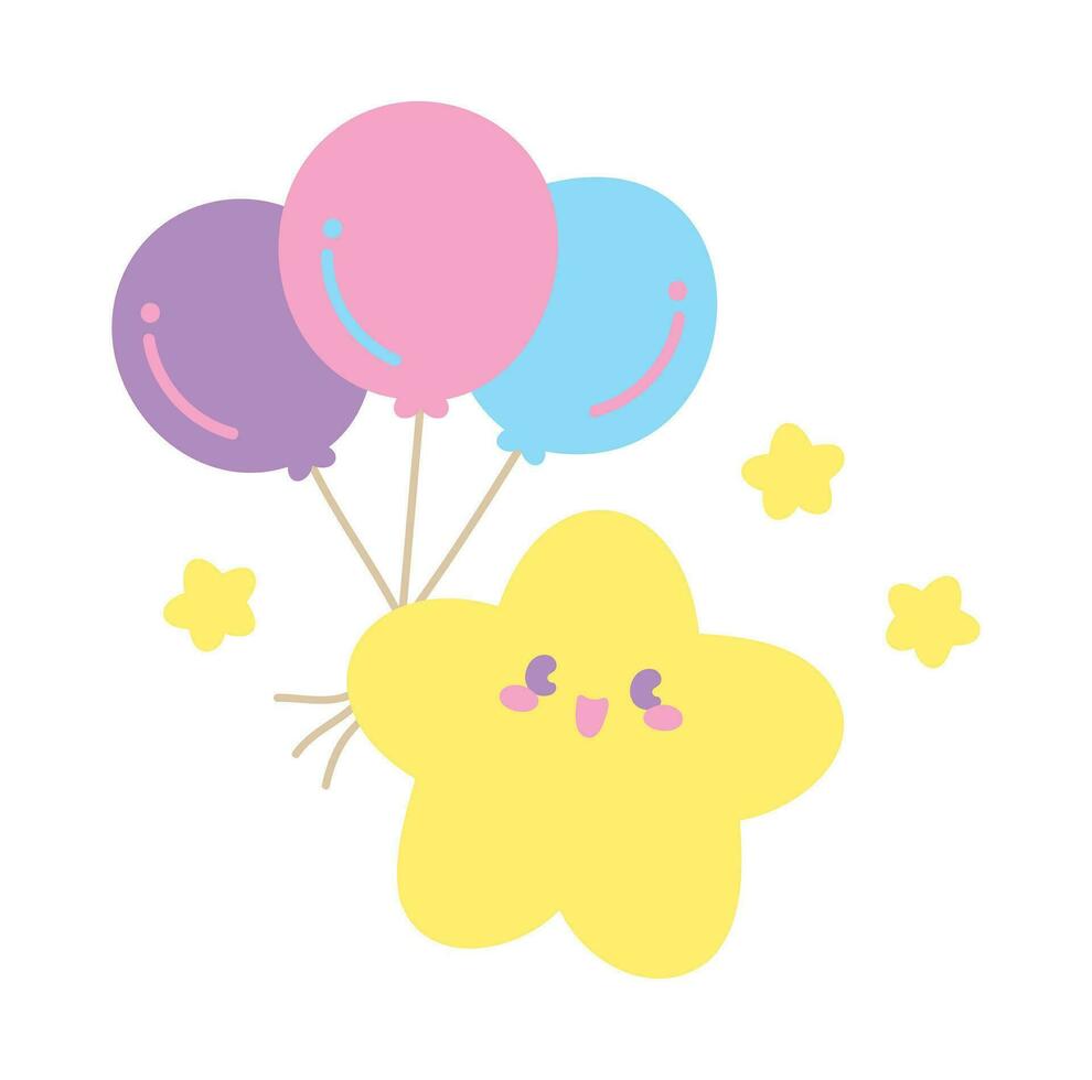 schattig kawaii gelukkig ster met ballonnen hand- getrokken tekenfilm illustratie vector