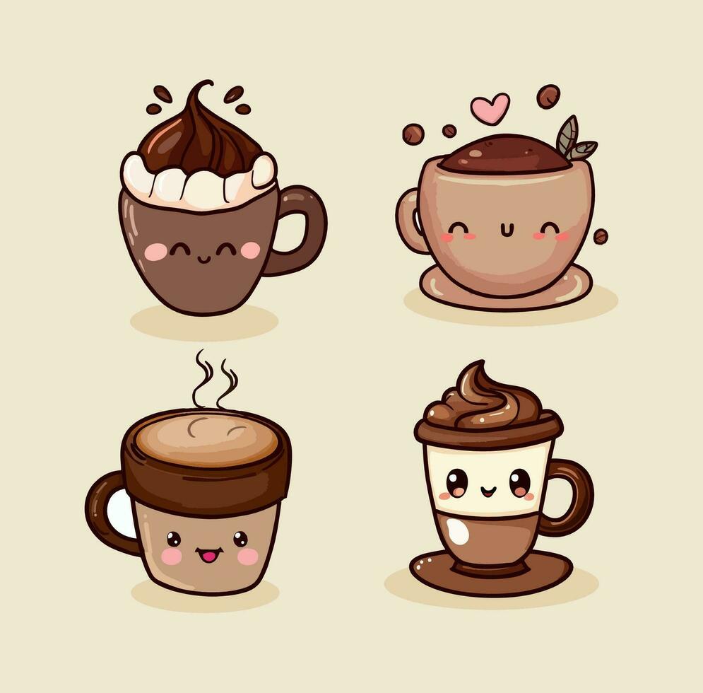 een reeks van verschillend cups van koffie met verschillend emoties vector