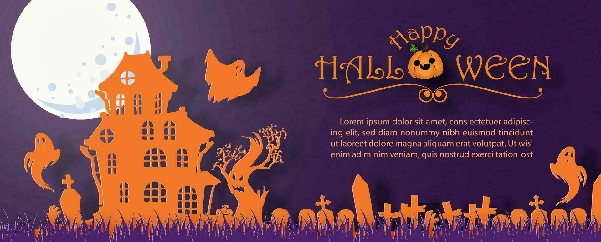 silhouet oranje spookachtig achtervolgd huis met begraafplaats tafereel en eng geest in papercut stijl Aan formulering van halloween dag, voorbeeld teksten Aan reusachtig maan en donker Purper achtergrond. vector