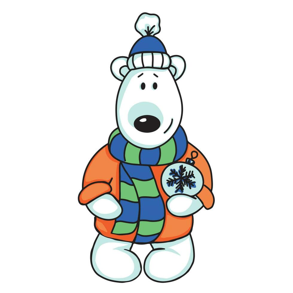 noordelijk beer in een hoed en sjaal Holding een Kerstmis boom speelgoed- in haar poten Kerstmis schetsen kinderen speelgoed.vector illustratie. vector