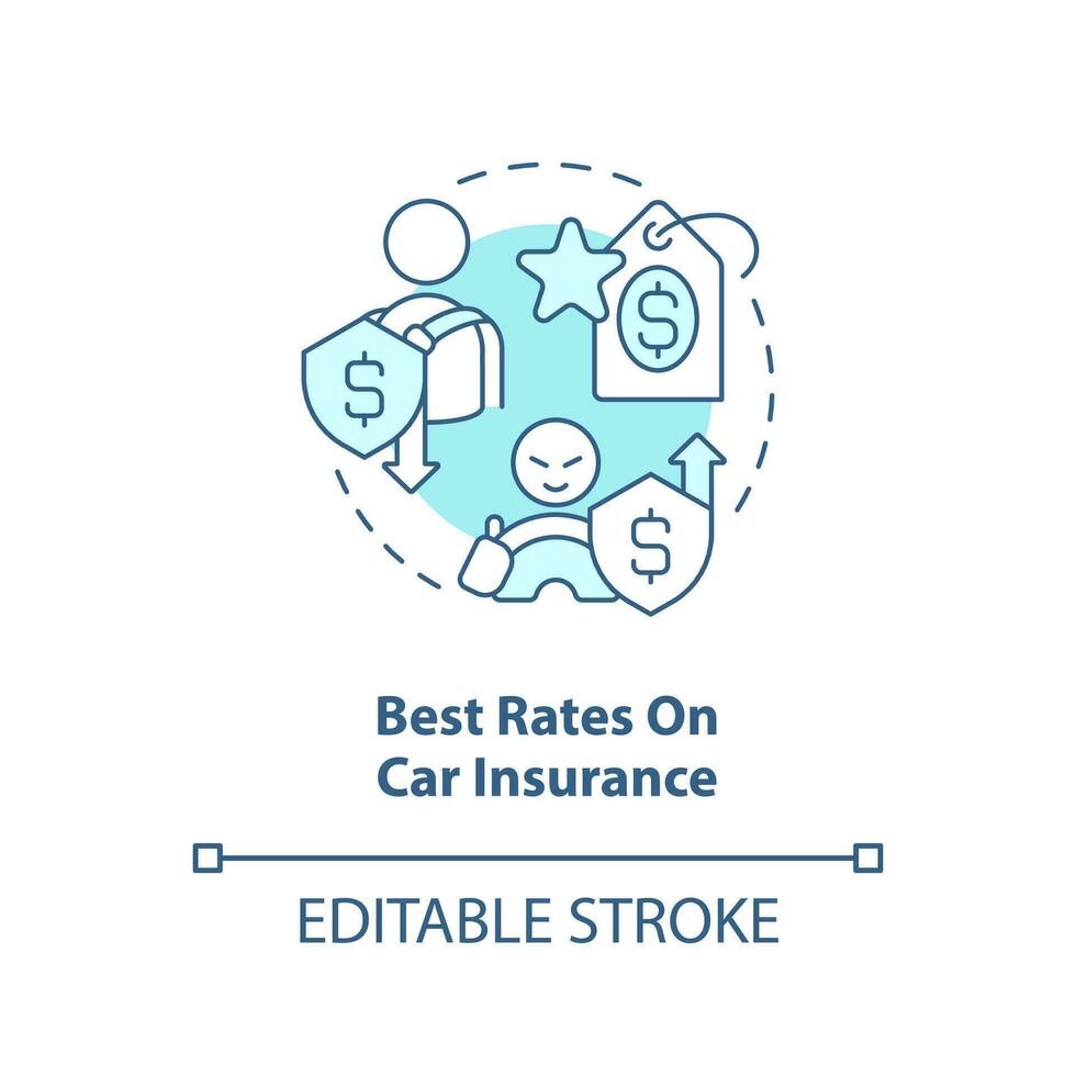 het beste tarieven Aan auto verzekering turkoois concept icoon. auto Dekking kortingen abstract idee dun lijn illustratie. geïsoleerd schets tekening. bewerkbare beroerte vector