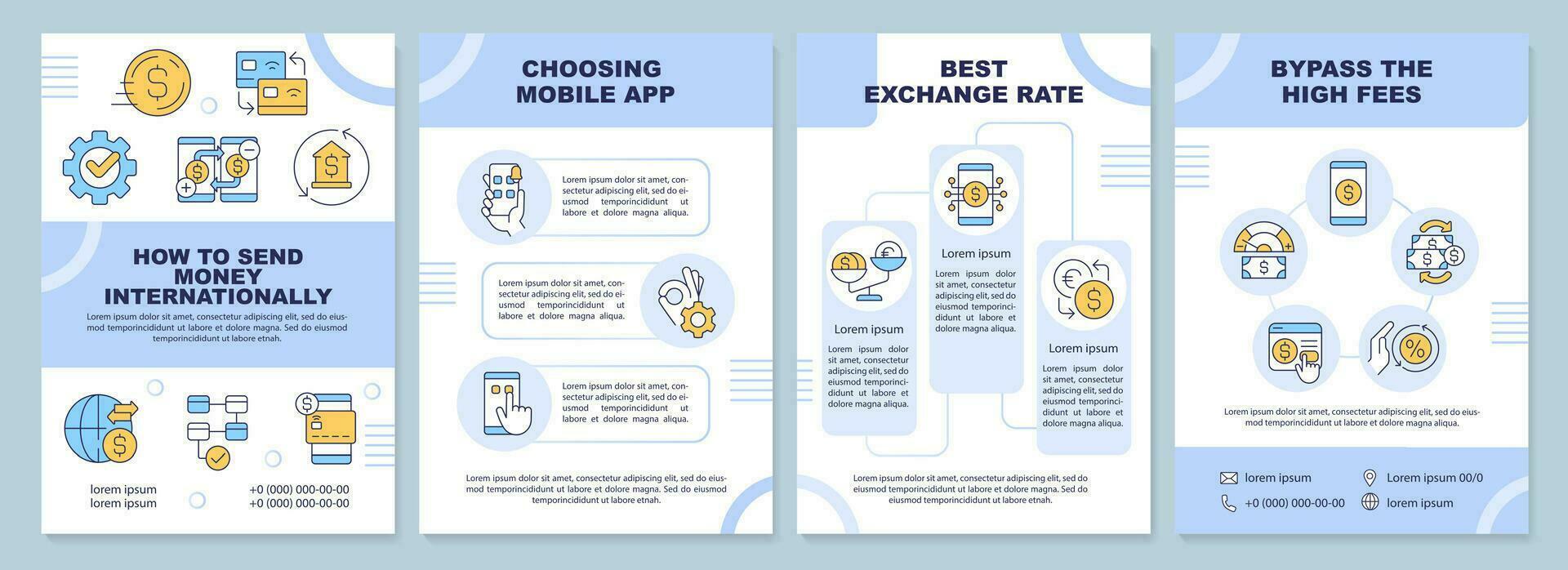 sturen geld internationaal tips brochure sjabloon. brochure ontwerp met lineair pictogrammen. bewerkbare 4 vector indelingen voor presentatie, jaar- rapporten