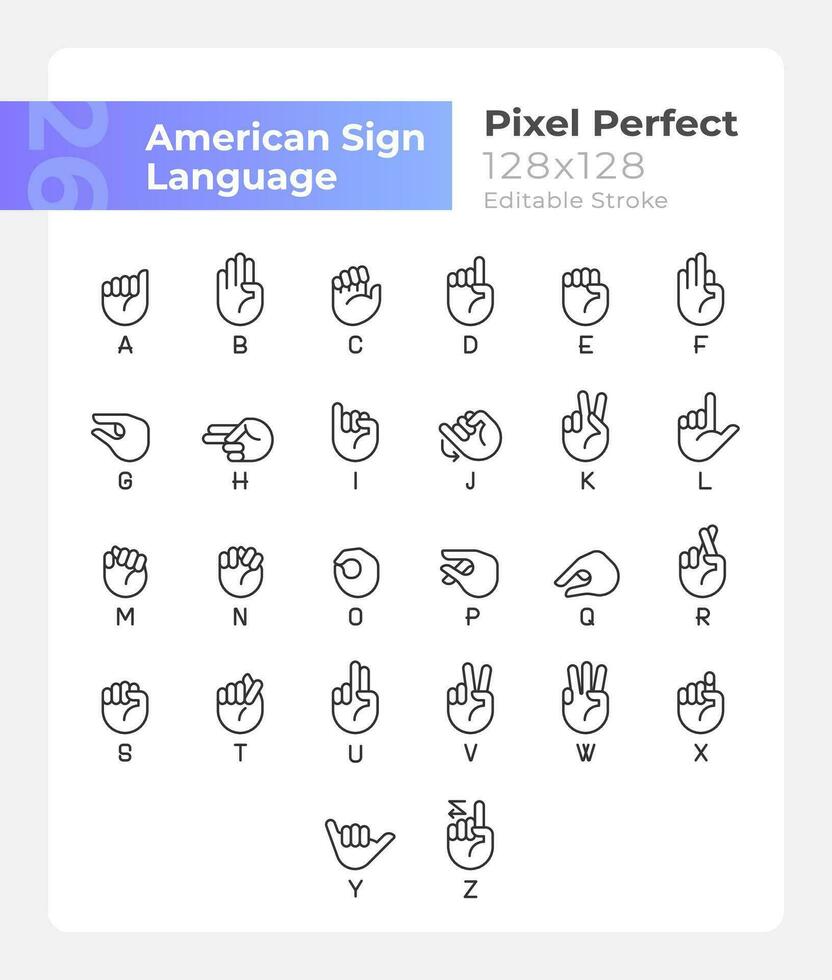 brieven in Amerikaans teken taal pixel perfect lineair pictogrammen set. aanpasbare dun lijn symbolen. geïsoleerd vector schets illustraties. bewerkbare beroerte