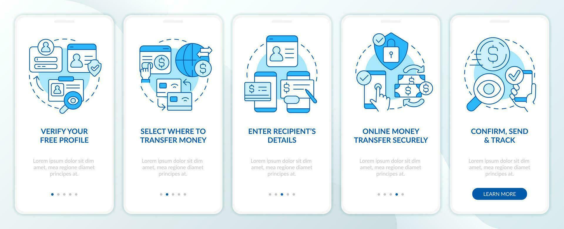 overbrengen fondsen blauw onboarding mobiel app scherm. digitaal portemonnee walkthrough 5 stappen bewerkbare grafisch instructies met lineair concepten. ui, ux, gui sjabloon vector
