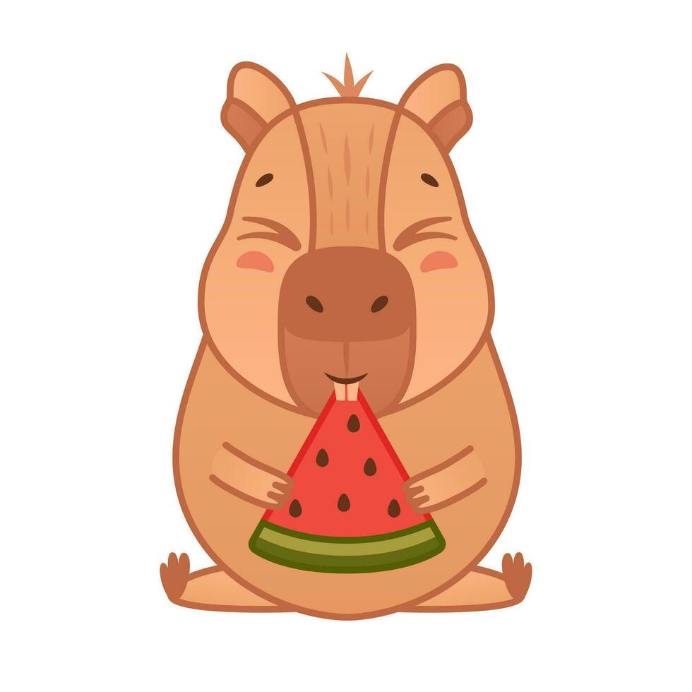 schattig capibara karakter eet watermeloen. tekenfilm dier sticker. vector illustratie Aan wit achtergrond