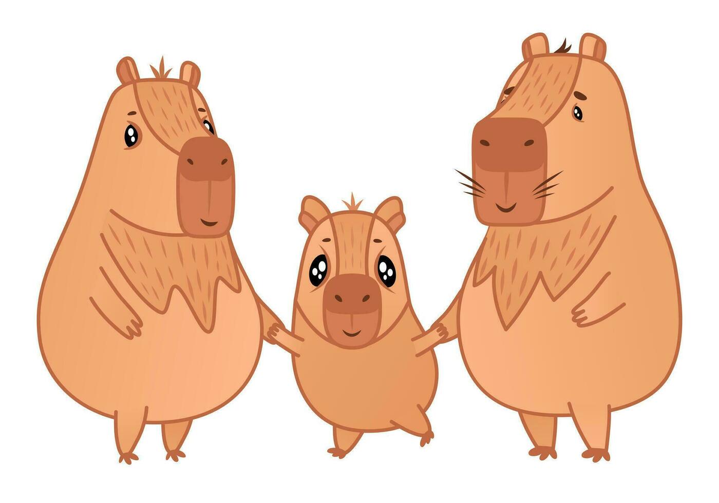 schattig capibara's tekens familie staan Holding handen. mamma, vader en kind. tekenfilm dier sticker. vector illustratie