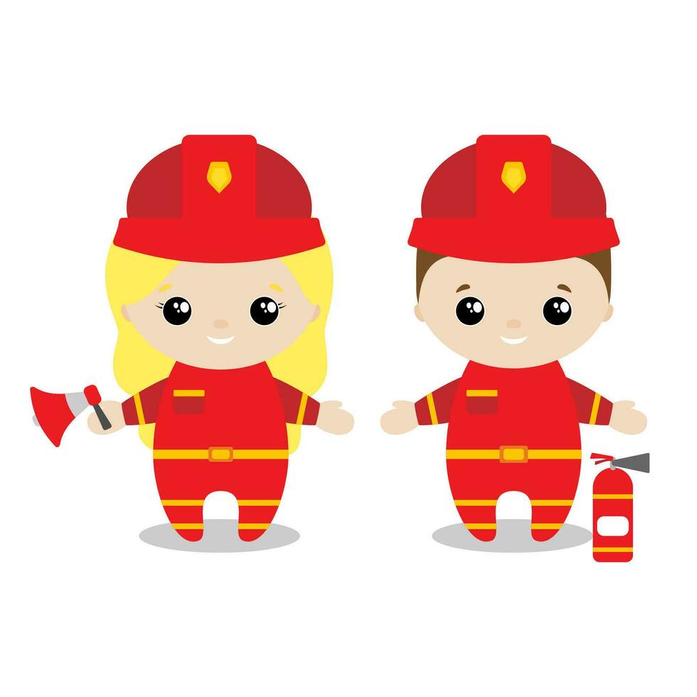 jongen en meisje brandweerman tekenfilm stijl. reeks van schattig tekenfilm kinderen in beroepen. vector illustratie