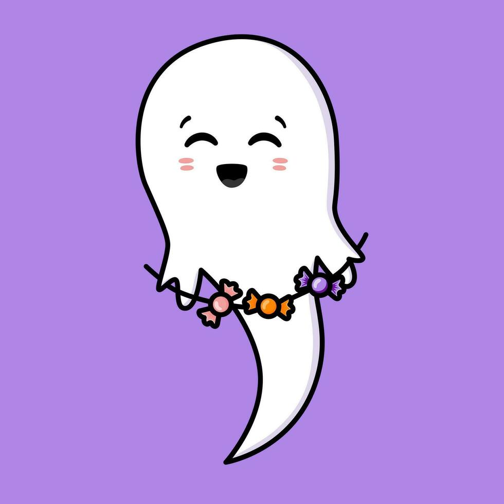 schattig geest. halloween geest karakter met snoepjes. spookachtig uitdrukking schepsel. sticker emoticon met vreugde, plezier, geluk, warm emotie. vector illustratie