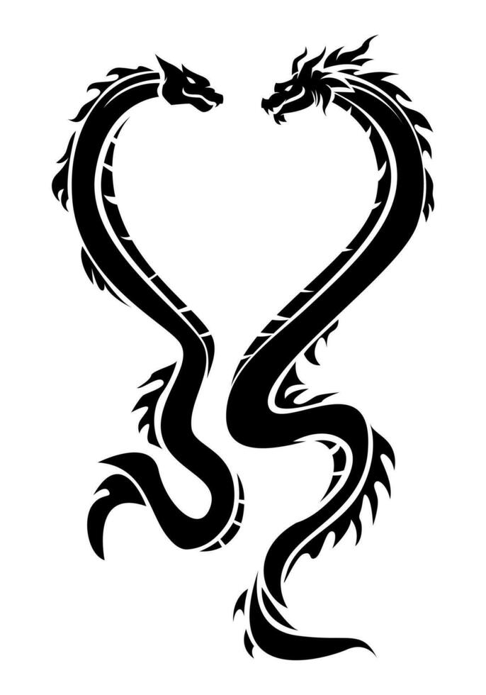 tribal tatoeëren van twee draken vormen een liefde hart. zwart en wit. grafisch vector illustratie.