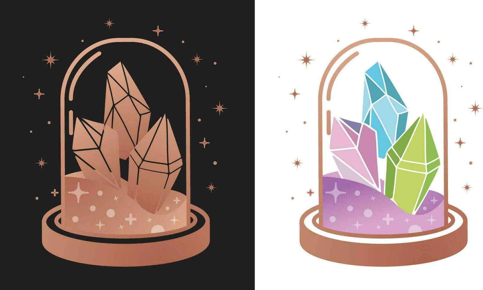 magie kristal edelsteen kleuren in een fles omringd door sterren, vector illustratie.